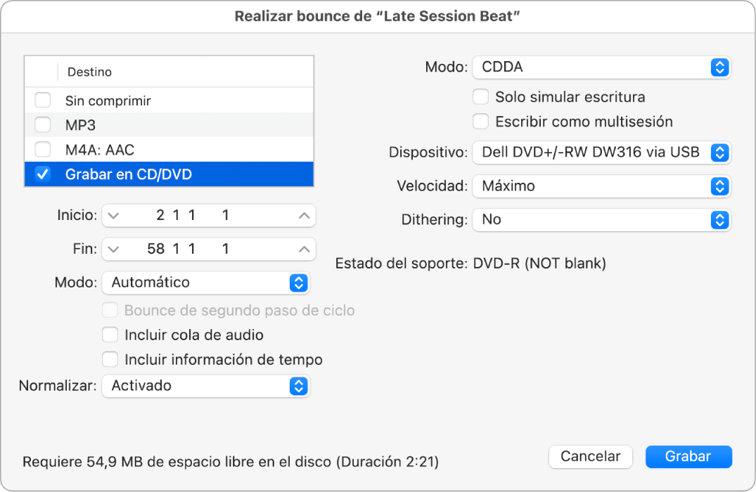 Ilustración. Opciones de grabación en el cuadro de diálogo Bounce.