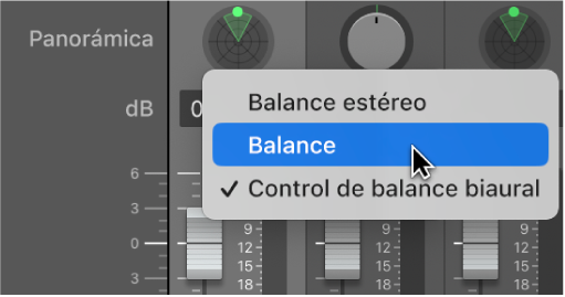 Menú de atajos para un potenciómetro Panorámica que muestra las opciones “Balance estéreo”, Balance y “Control de balance binaural”.