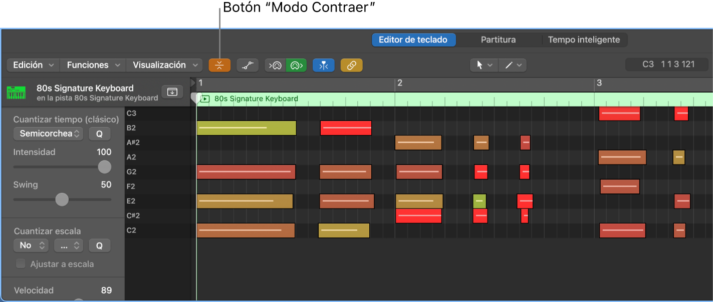 Ilustración. Editor de teclado, con el botón “Modo Contraer” resaltado.
