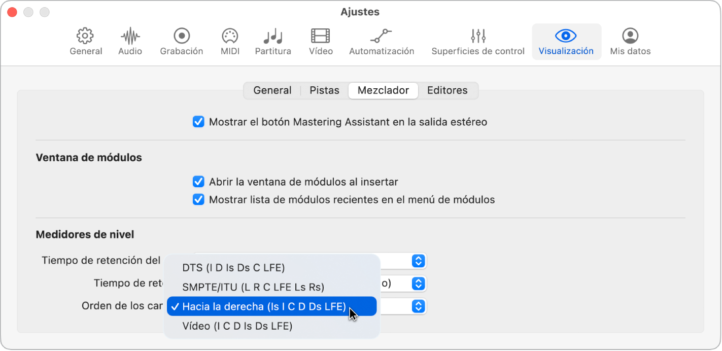 Ilustración. Panel de ajustes de visualización del mezclador.