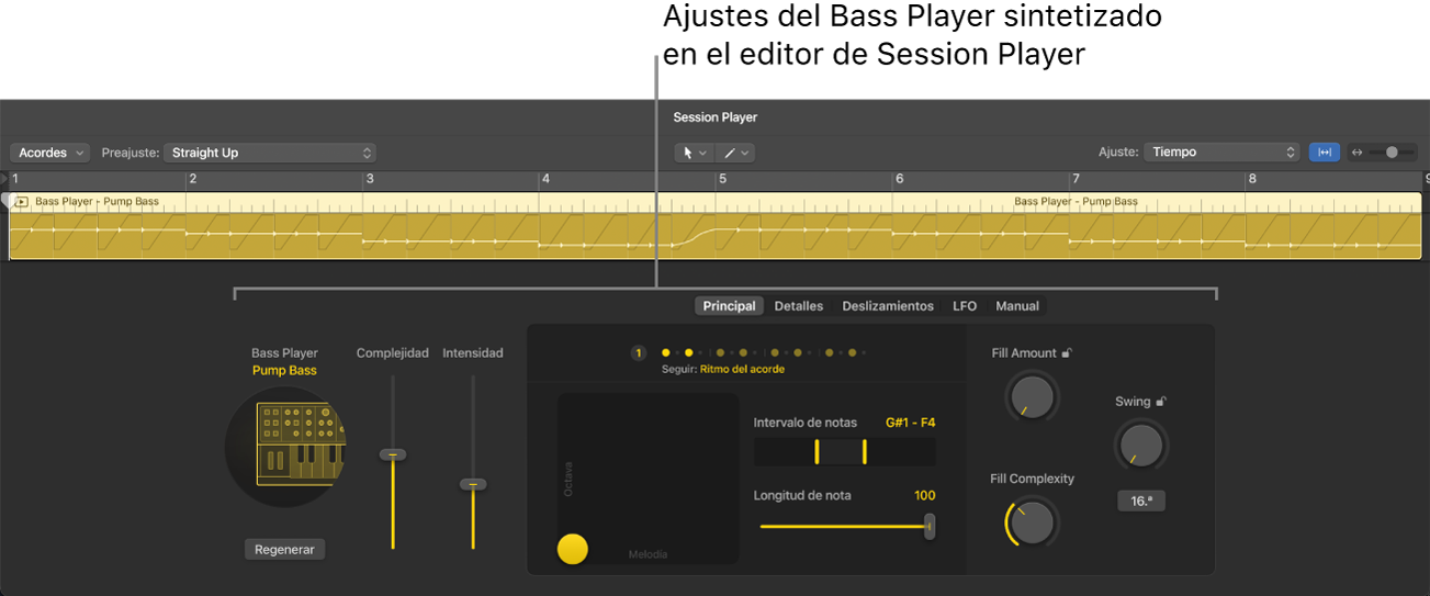 Ilustración. El editor de Session Player con ajustes de Pump Bass.