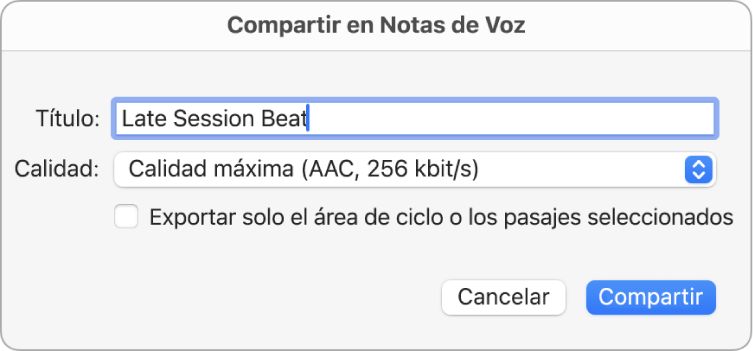 Cuadro de diálogo “Compartir en Notas de Voz”.