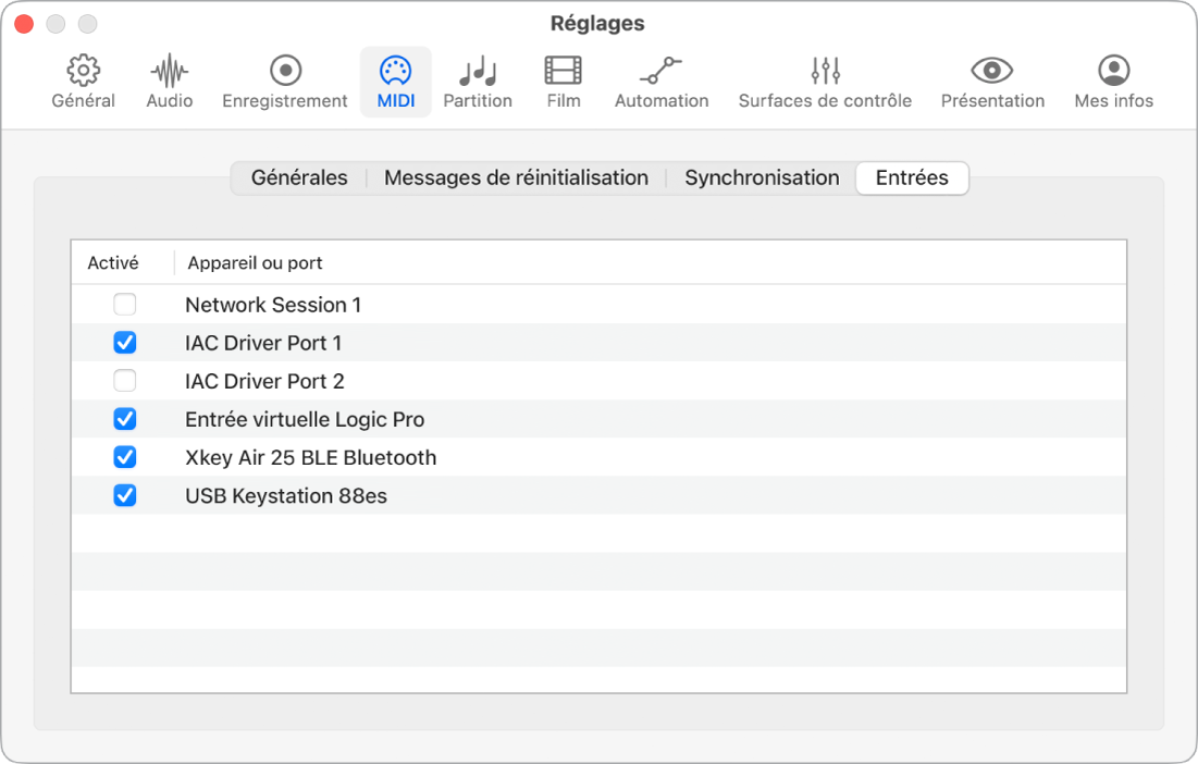 Figure. Réglages Entrées MIDI.