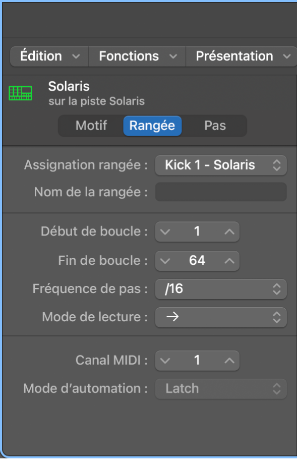 Inspecteur local du séquenceur pas à pas affichant les réglages de la rangée.