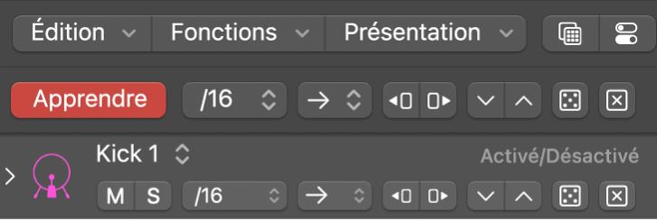 Bouton Mode d’apprentissage (Ajouter) actif dans la barre des menus du séquenceur pas à pas.