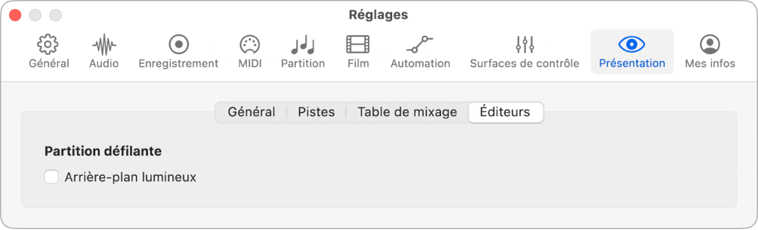 Figure. Réglages de la présentation Éditeurs.