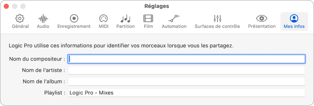 Figure. Réglages Mes infos.