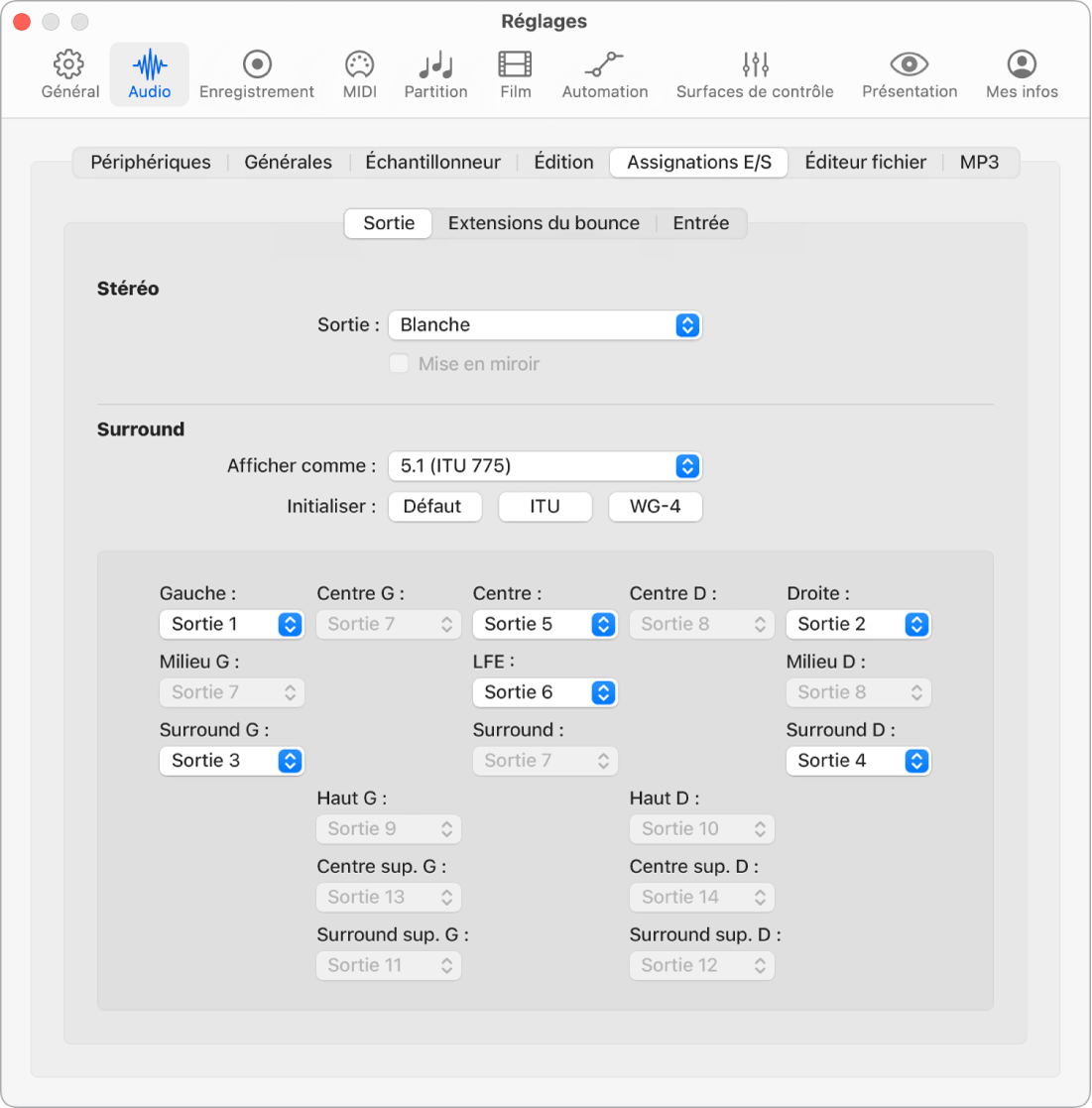 Figure. Section Sortie de la sous-fenêtre Attributions E/S des réglages audio.