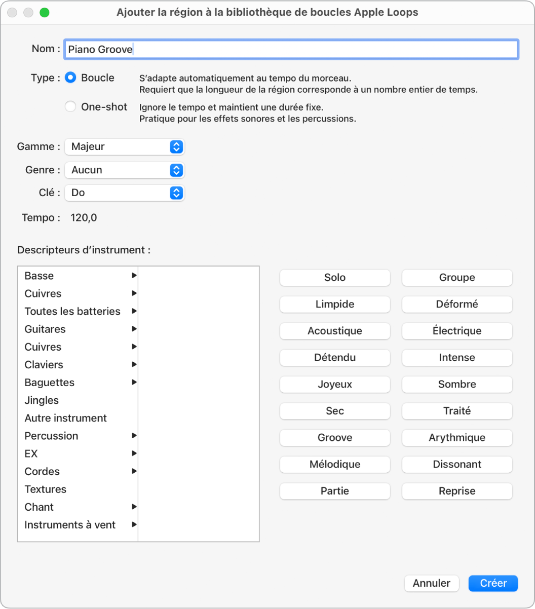 Figure. Zone de dialogue Ajouter la région à la bibliothèque de boucles Apple Loops.