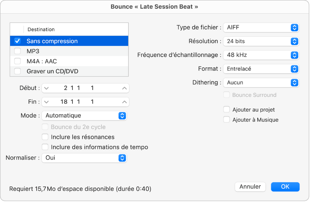 Figure. Options Sans compression dans la zone de dialogue Bounce.