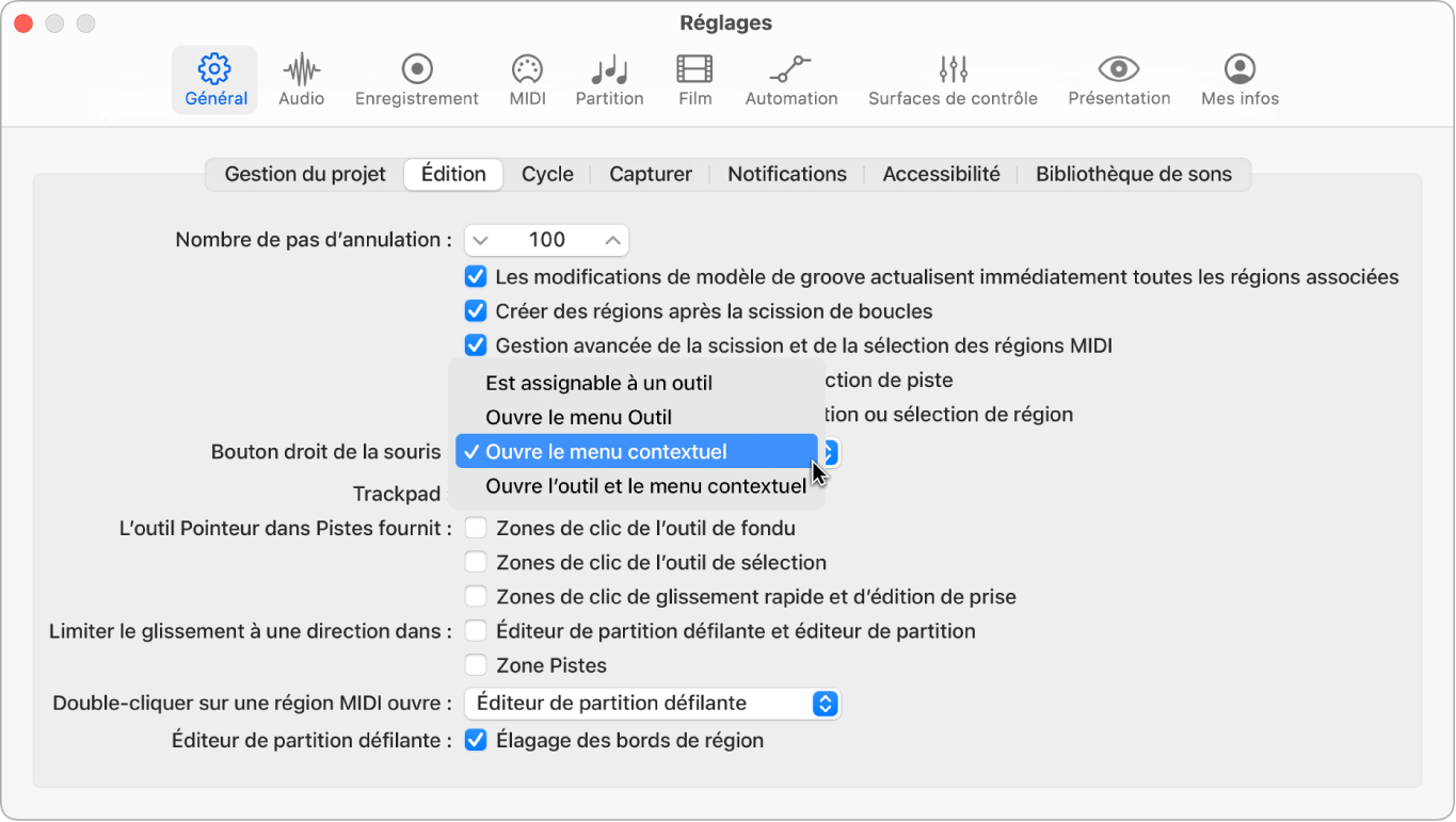 Figure. Menu « Bouton droit de la souris » dans la sous-fenêtre Édition des réglages générau.