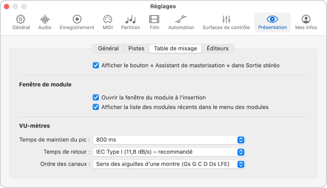 Figure. Réglages de la présentation Table de mixage.