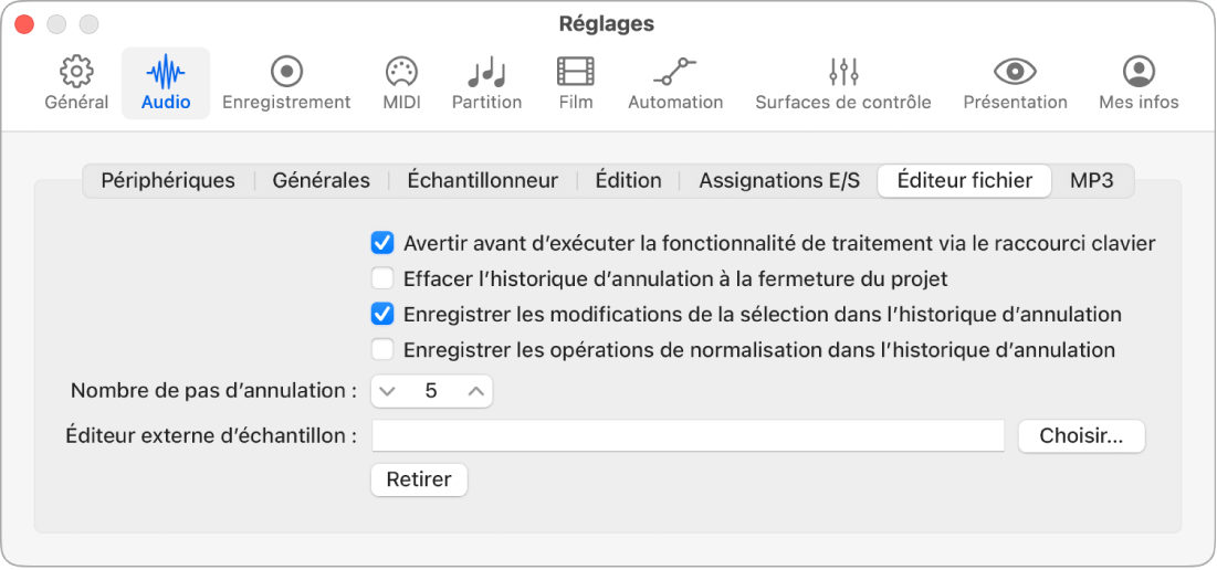 Figure. Réglages de l’éditeur de fichier audio.