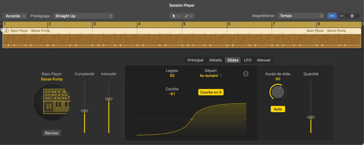 Figure. Réglages Synth Bass Player dans l’éditeur de Session Player.