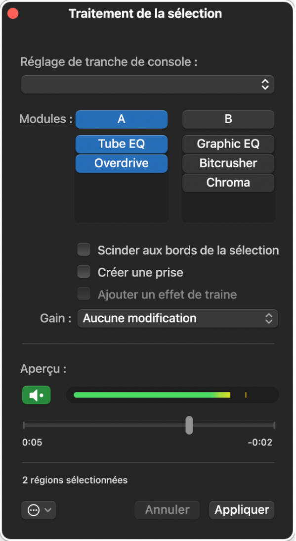 Figure. Fenêtre Traitement de la sélection avec le jeu A actif.