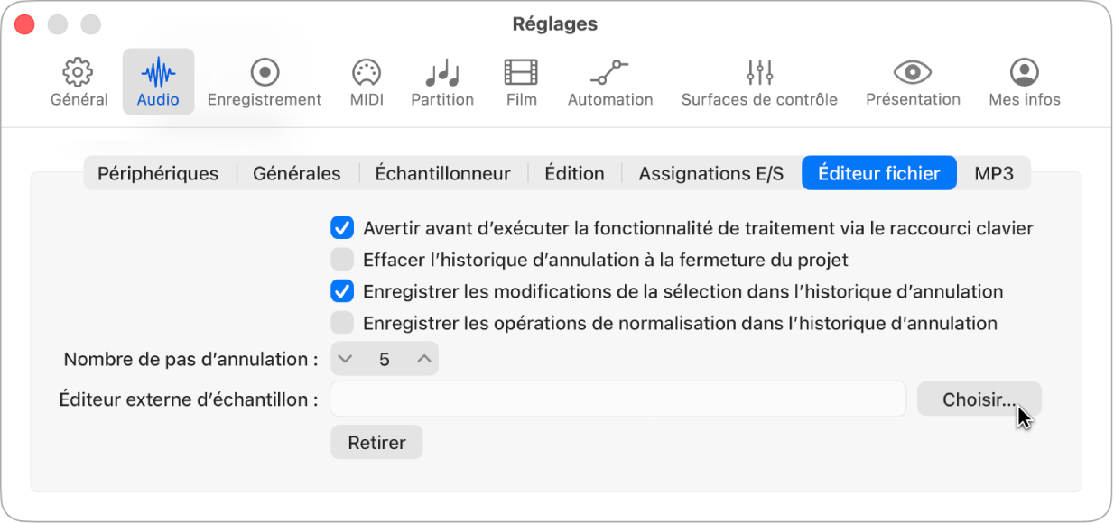 Figure. Sous-fenêtre Éditeur fichier dans les réglages Audio.