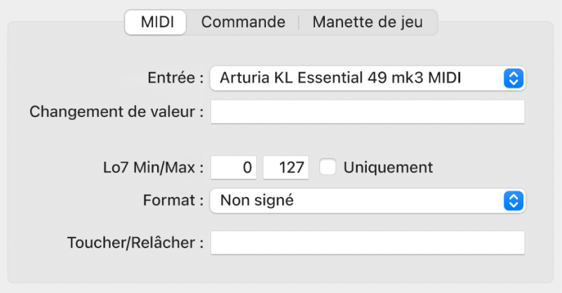 Figure. Paramètres de message en entrée MIDI dans la présentation Expert.