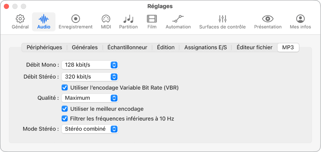 Figure. Réglages MP3.