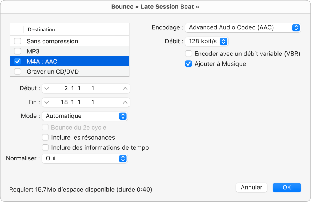 Figure. Options de bounce M4A : Options de fichier AAC dans la zone de dialogue Bounce.