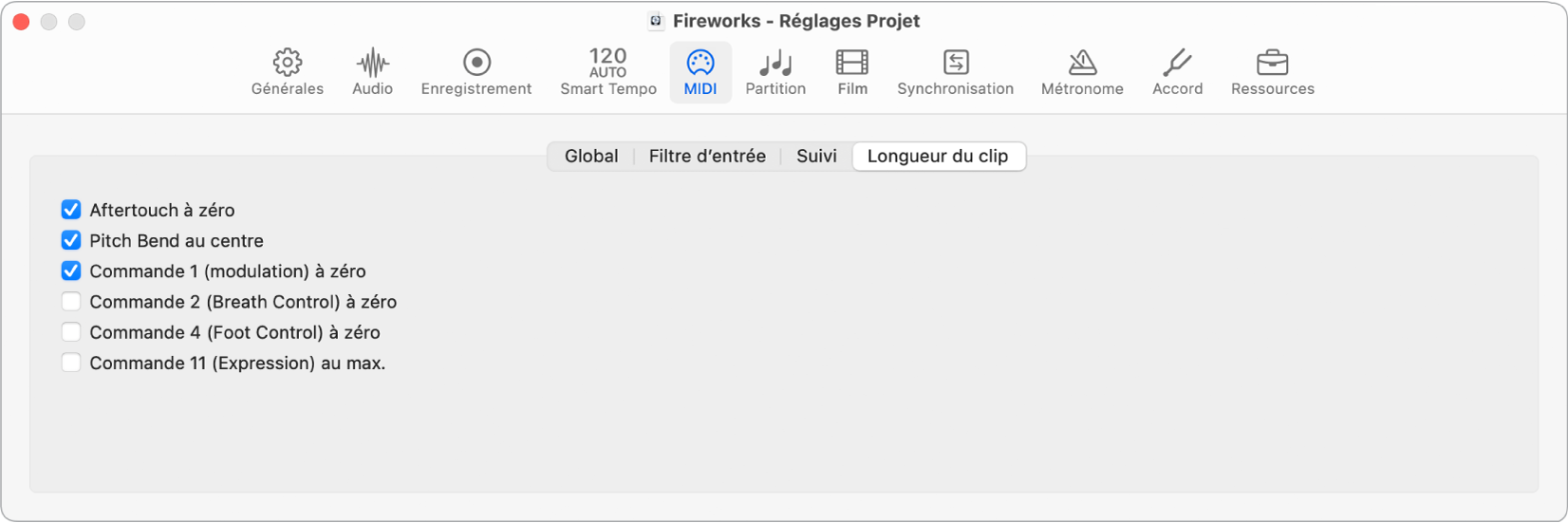 Figure. Réglages de longueur du clip MIDI du projet.