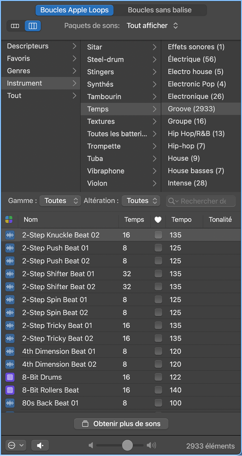 Figure. Navigateur de boucles en présentation en colonnes.