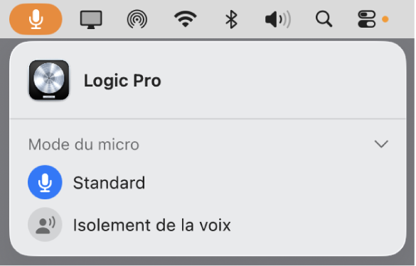 Figure. Zone de dialogue Mode Micro ouverte depuis la barre des menus principale, avec le mode Micro Standard sélectionné pour Logic Pro.