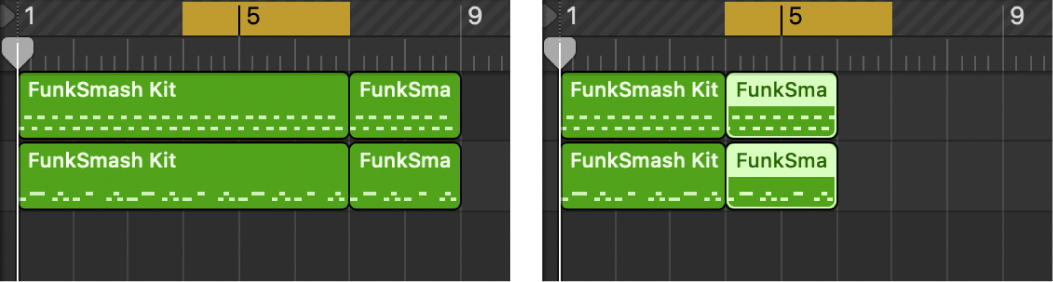 Figure. Paire d’images montrant la commande « Couper la section entre les locators » dans la zone Pistes.