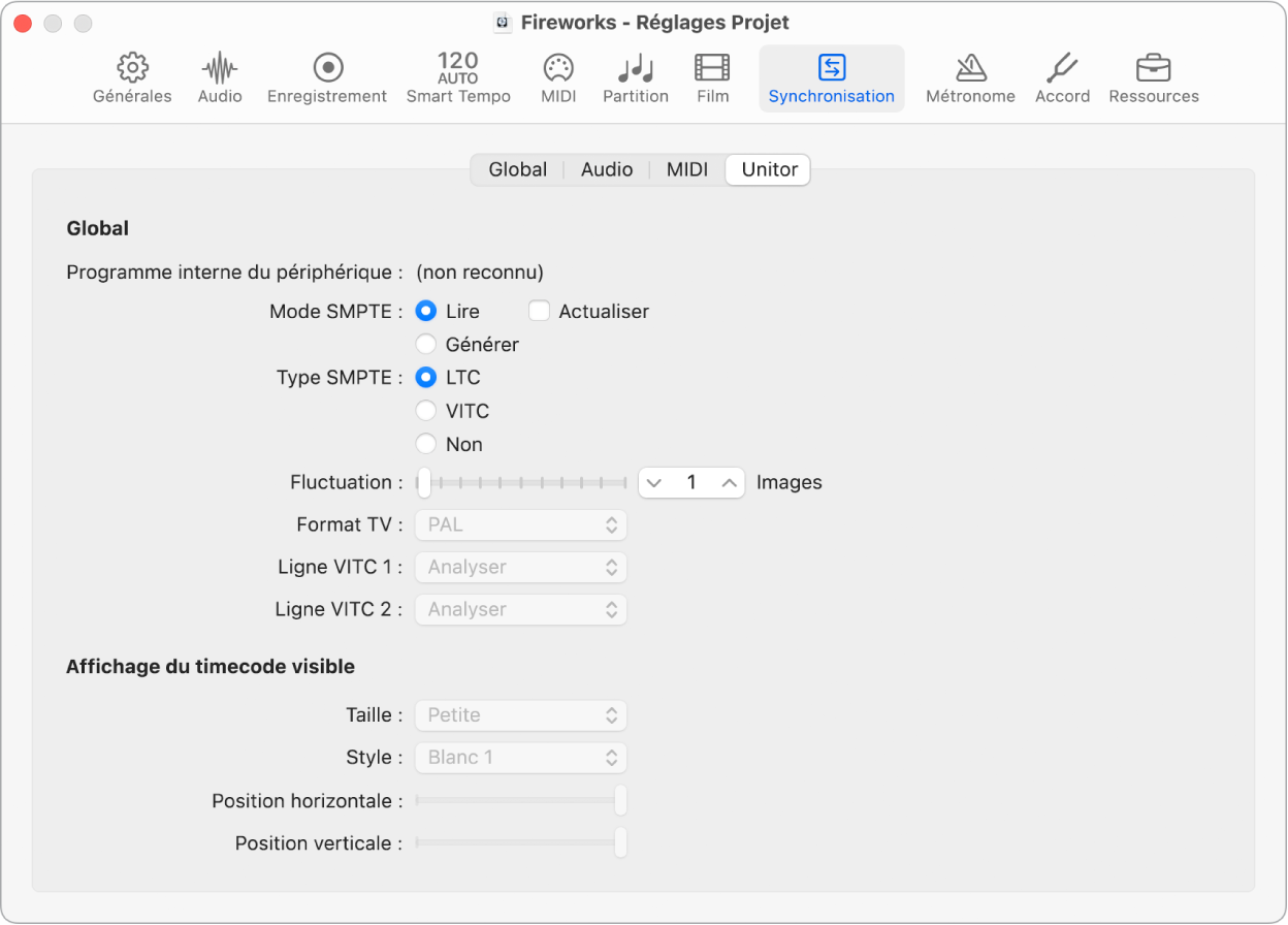 Figure. Réglages Unitor du projet.