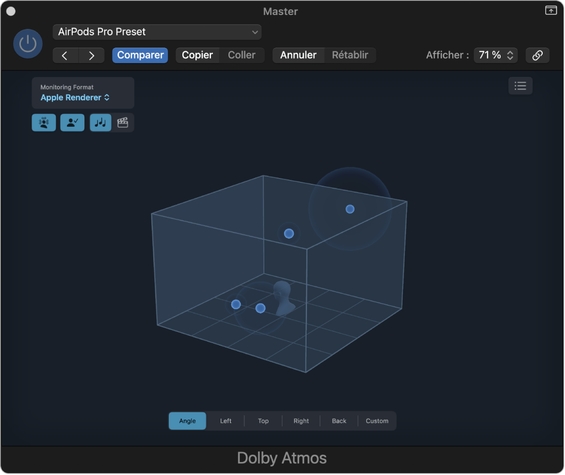 Figure. Fenêtre de module Dolby Atmos avec Apple Renderer sélectionné comme format de monitoring. Les quatre boutons Apple Renderer sont affichés dans la partie supérieure gauche.