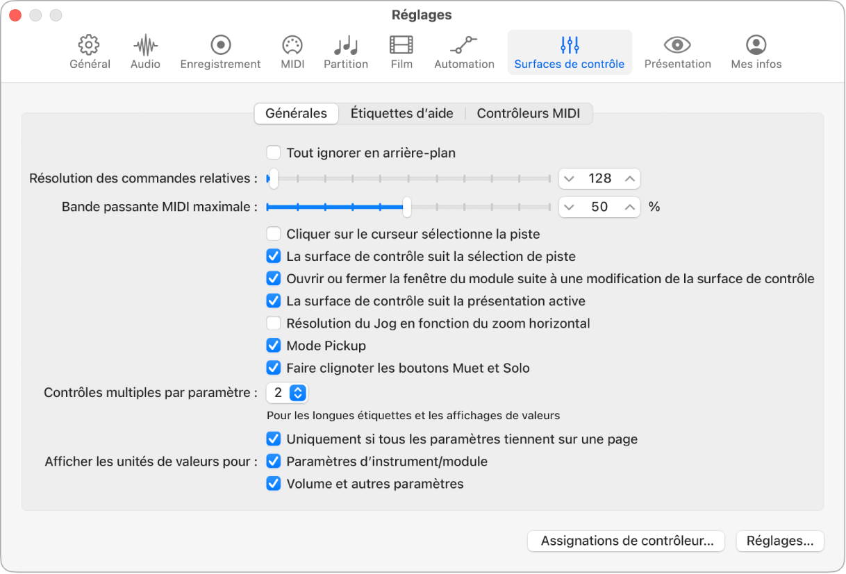 Figure. Réglages généraux des surfaces de contrôle.