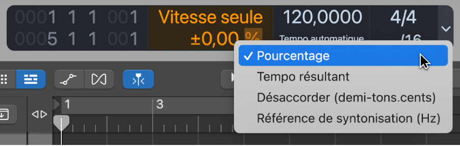 Figure. Affichage de l’unité de mesure dans la partie inférieure de l’écran Varispeed.