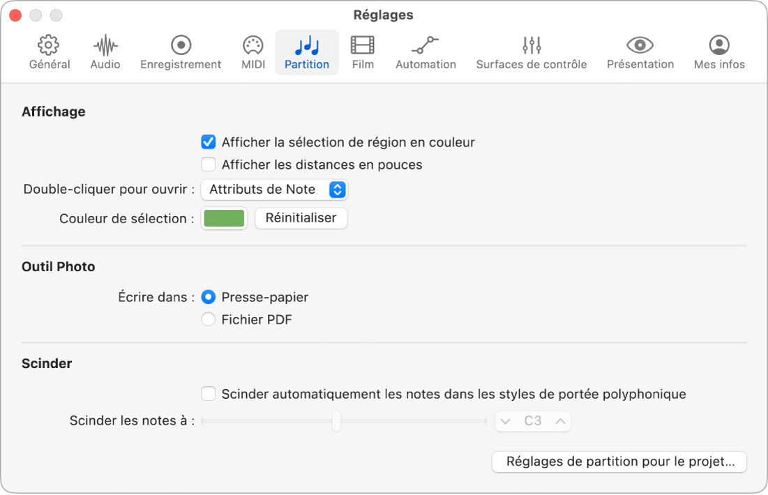 Figure. Réglages de partition.