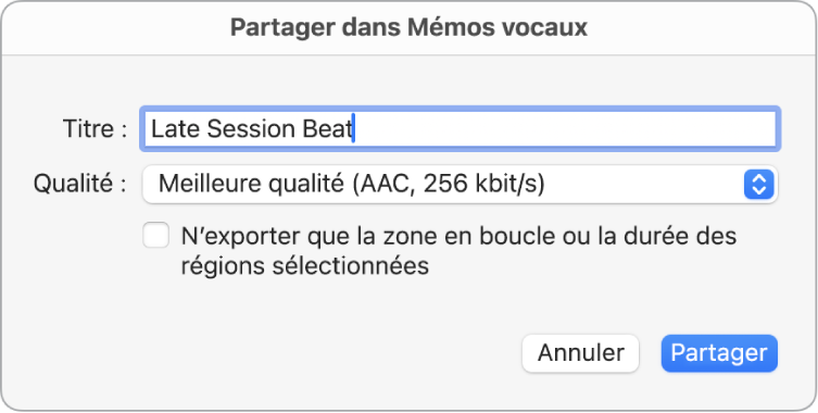 Zone de dialogue « Partager dans Dictaphone ».