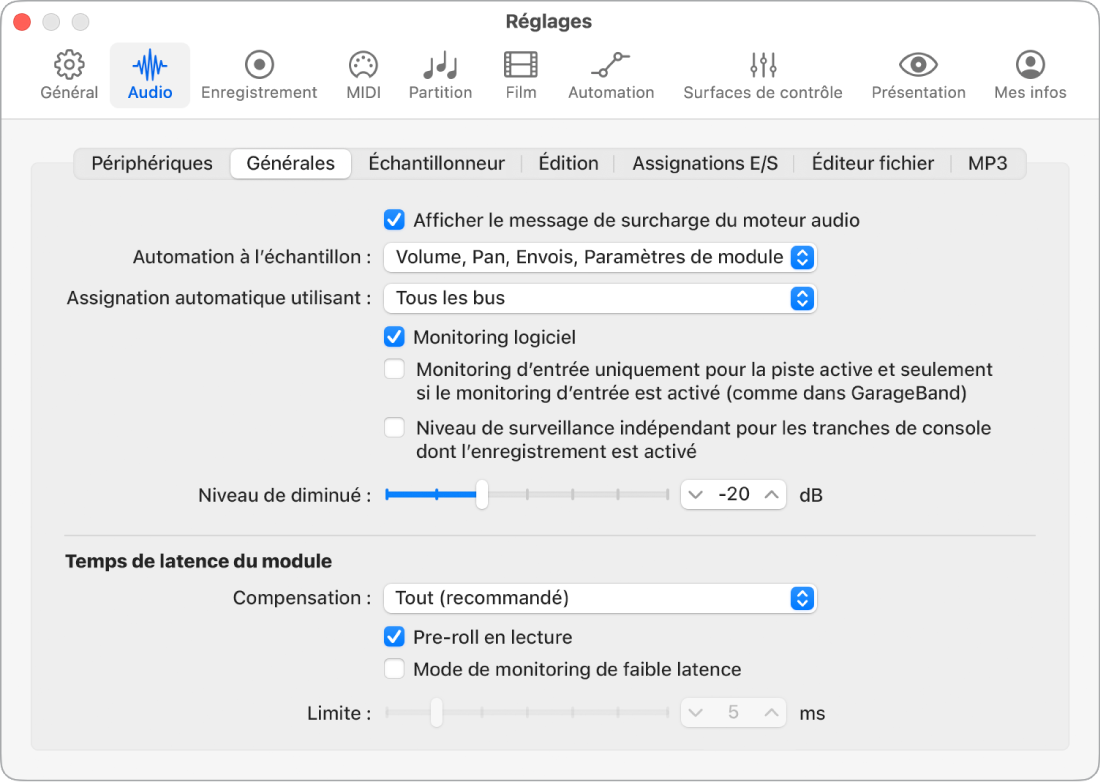 Figure. Réglages audio généraux.