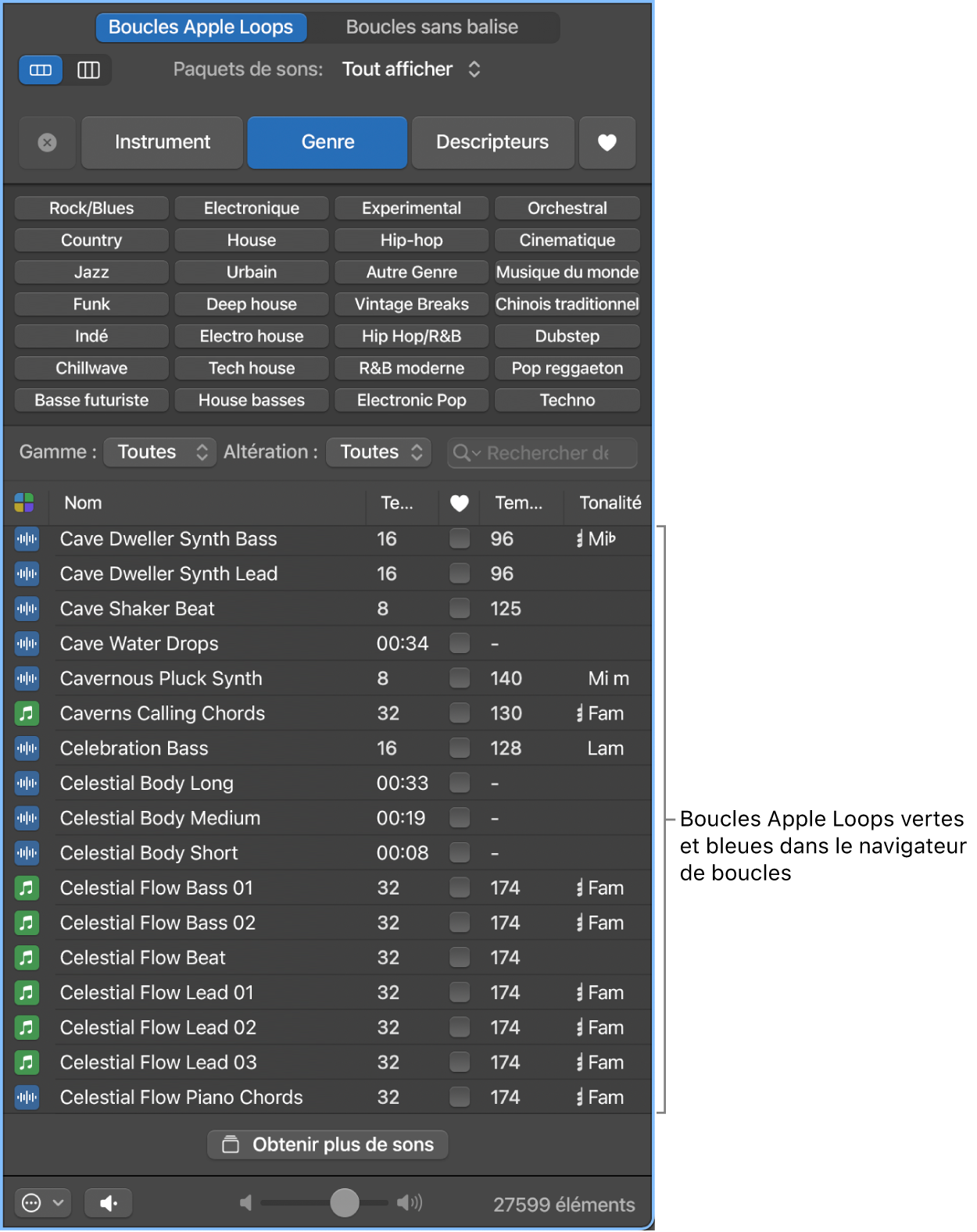 Navigateur de boucles avec boucles Apple Loops MIDI (vertes) et audio (bleues).