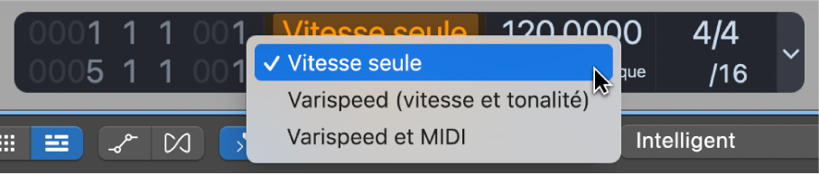 Figure. Affichage du mode dans la partie supérieure de l’écran Varispeed.