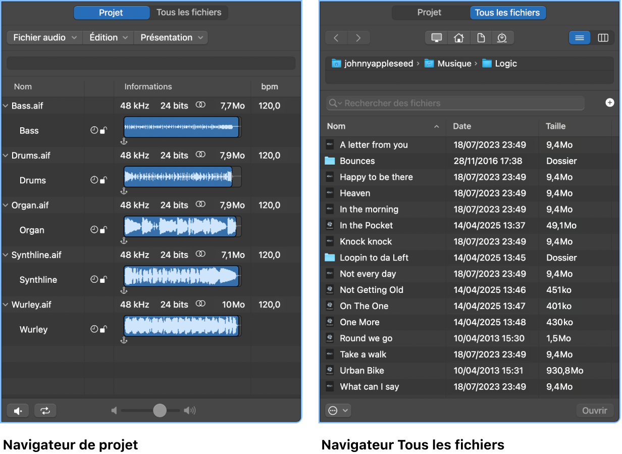 Figure. Navigateur audio du projet et navigateur Tous les fichiers.
