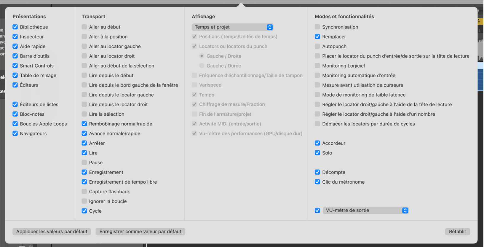 Figure. Zone de dialogue « Personnaliser la barre de transport ».