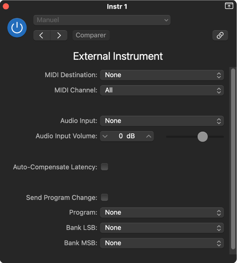 Figure. Fenêtre External Instrument.