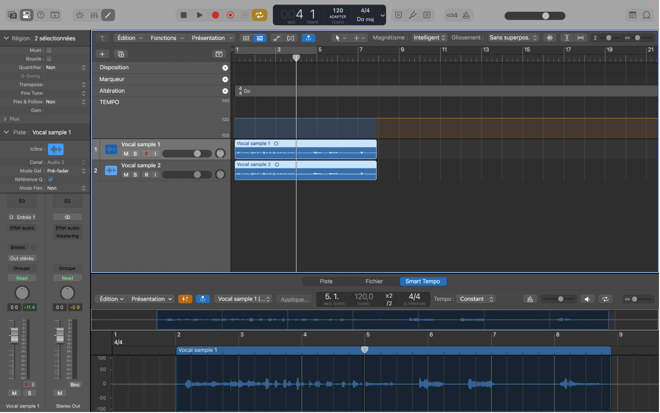 Figure. Projet Logic Pro avec des fichiers audio multipistes.