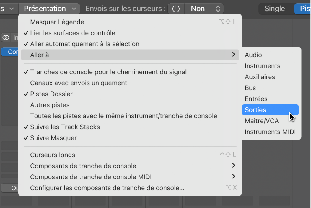Figure. Sous-menu « Aller à » dans le menu Présentation de la table de mixage.
