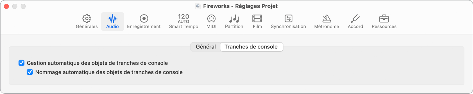 Figure. Réglages des tranches de console du projet.