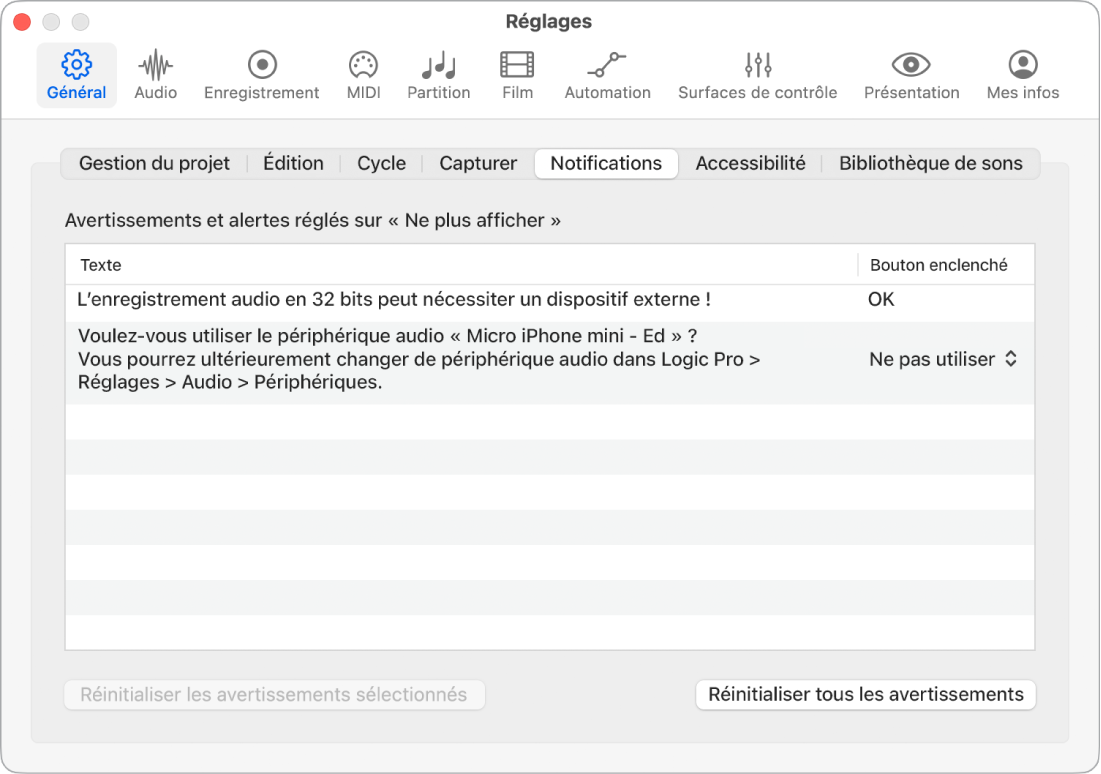 Figure. Réglages de notification.