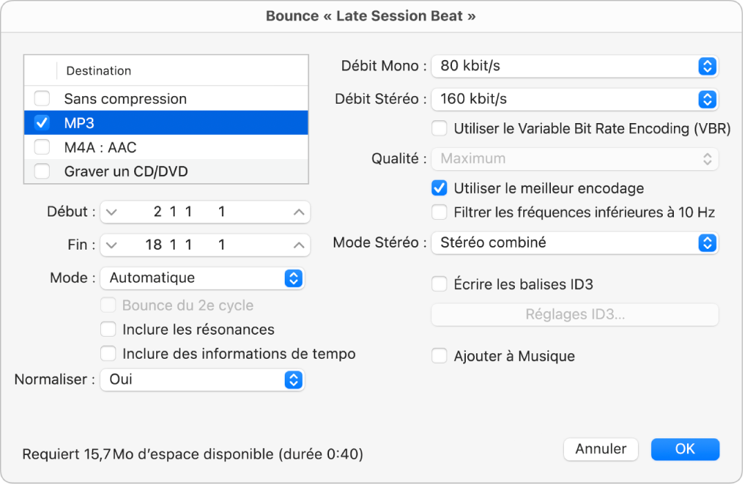 Figure. Options MP3 dans la zone de dialogue Bounce.