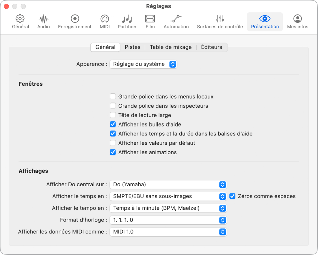 Figure. Réglages généraux de présentation.