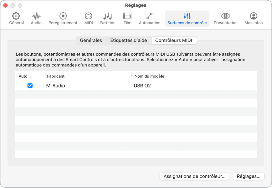 Figure. Réglages Contrôleurs MIDI.