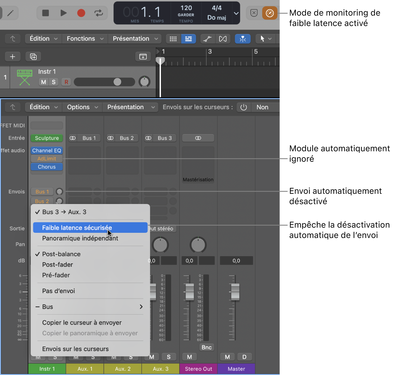 Figure. Menu local de slot d’envoi affichant l’élément « Faible latence sécurisée ».