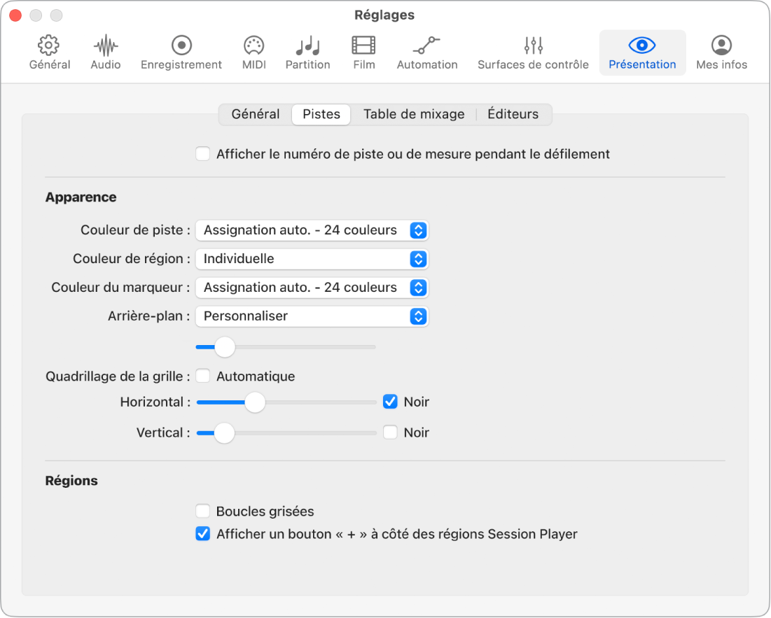 Figure. Réglages de la présentation Pistes.