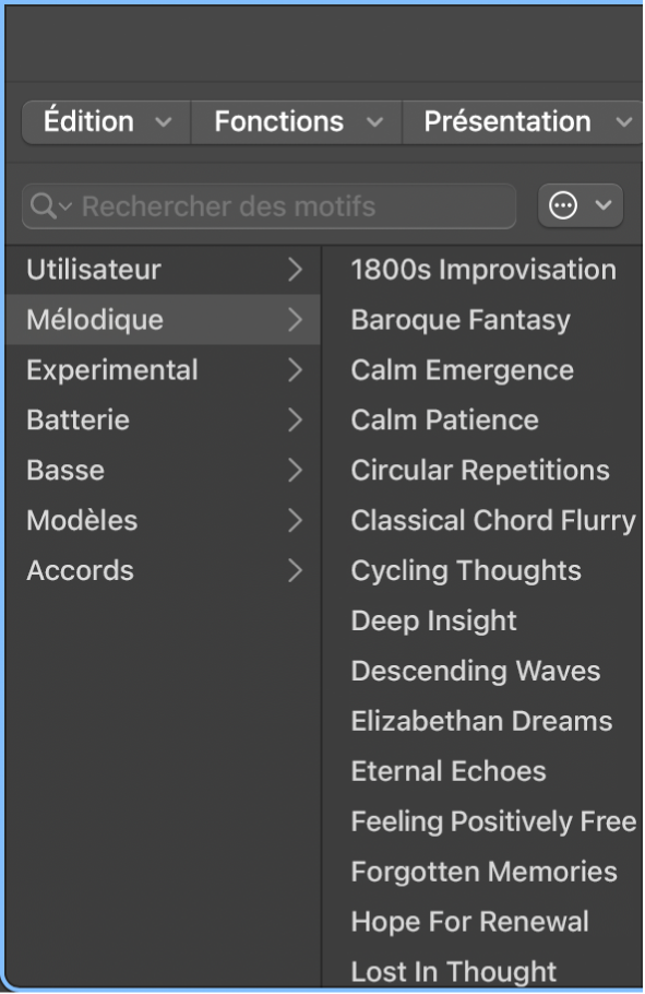 Navigateur de motifs ouvert avec des motifs disponibles.