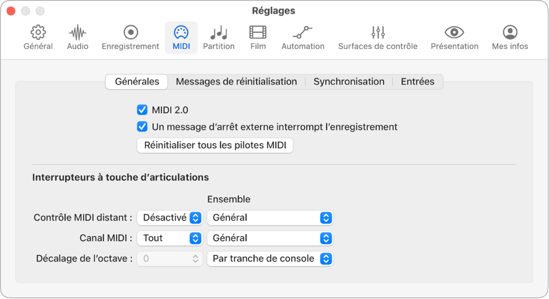 Figure. Réglages généraux MIDI.